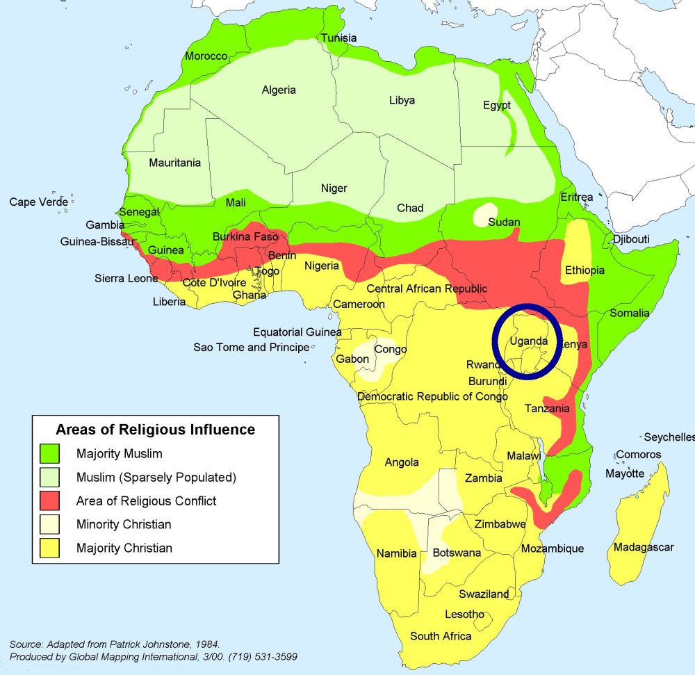 Concentration of African Muslims and Christians Uganda Circled